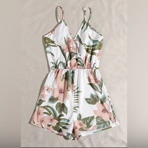 SHEIN White and Pink Floral Romper with Elastic Waist